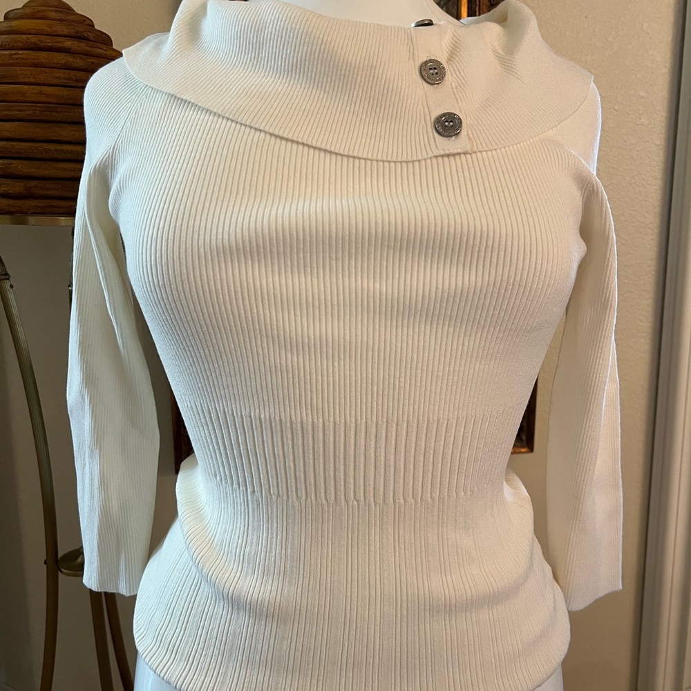 White House Black Market Women Sweater Button Collar White Size Large Vintage